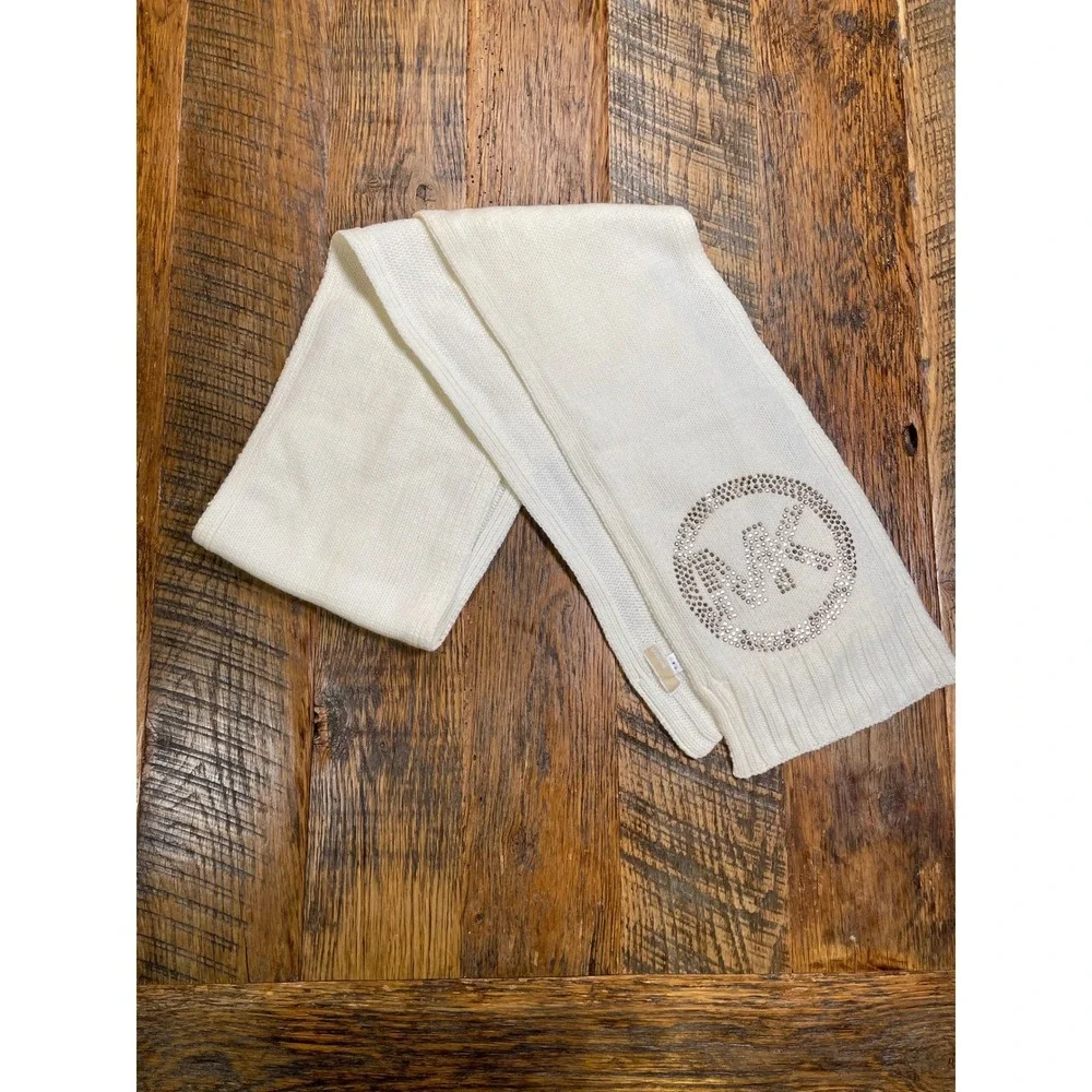 Michael Kors MK Logo‎ Crystal Scarf Cream White Knit Winter Ski Warm Women